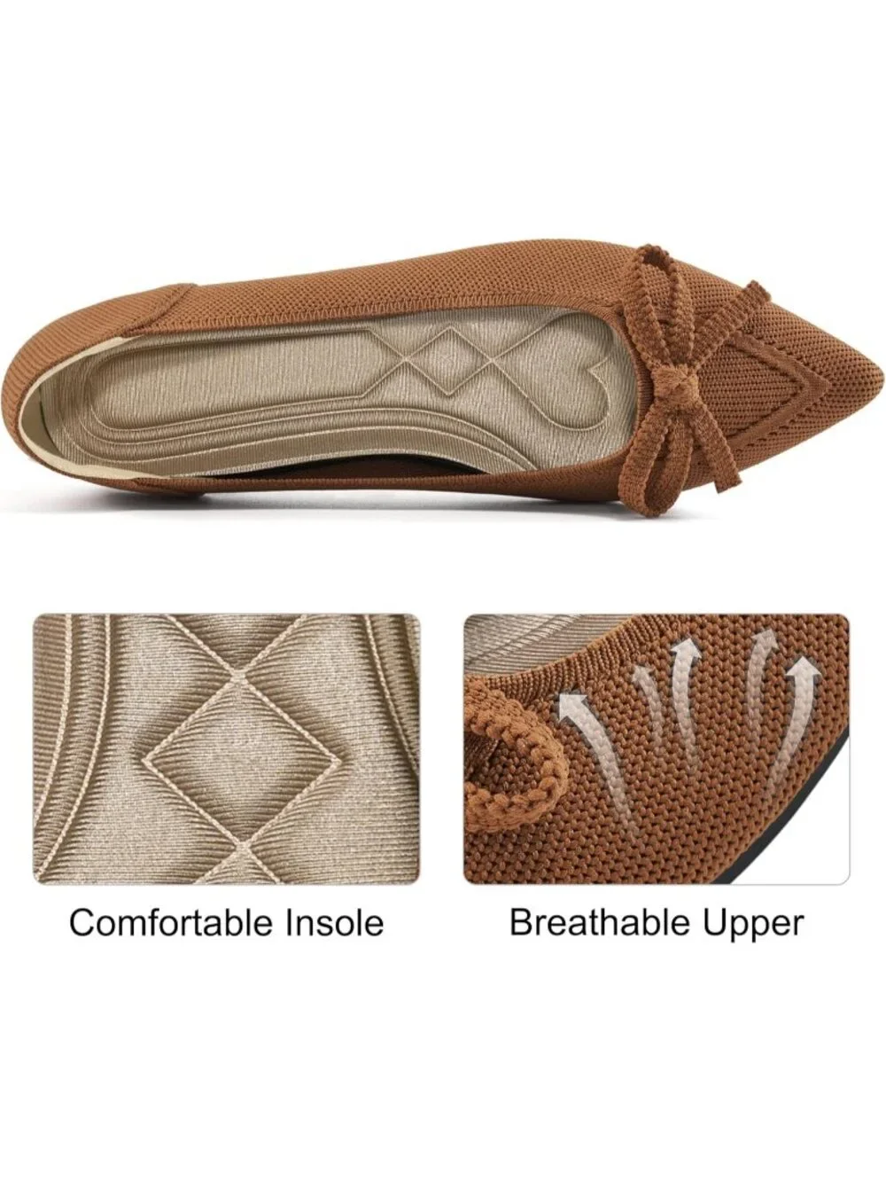 Women's Brown Ballet Flats Shoes Dressy Pointed Toe Bow Knit Flats Comfortable